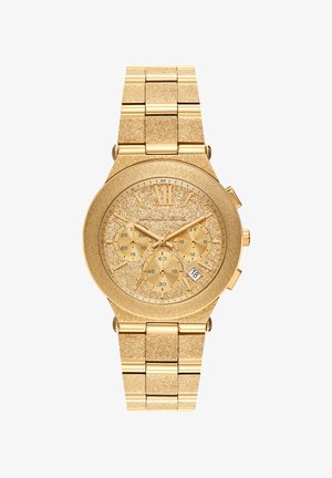 Michael Kors polshorloge in goudkleur met glinsterende wijzerplaat, drie subwijzerplaten, datumweergave op 4 uur en metalen schakelsluiting.