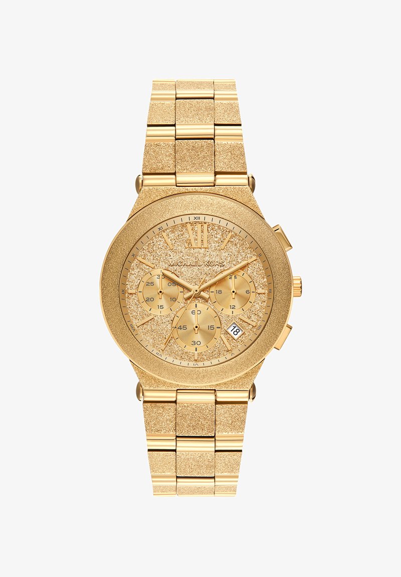 Zegarek na rękę Michael Kors w kolorze złotym z błyszczącą tarczą, trzema subtarczaami, wskazaniem daty o godzinie 4 oraz bransoletą z metalowych ogniw.