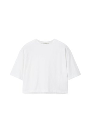Witte cropped T-shirt met korte mouwen en een ronde hals, afgebeeld op een effen witte achtergrond.