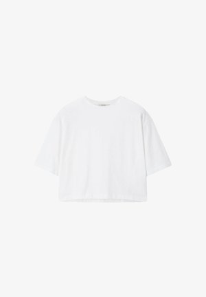 T-shirt court blanc avec manches courtes et col rond, présenté sur un fond blanc uni.