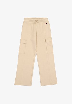 Pantalones cargo beige hechos de un tejido suave. Con cinturilla de cordón y dos bolsillos laterales, diseñados con un corte relajado y perneras anchas.