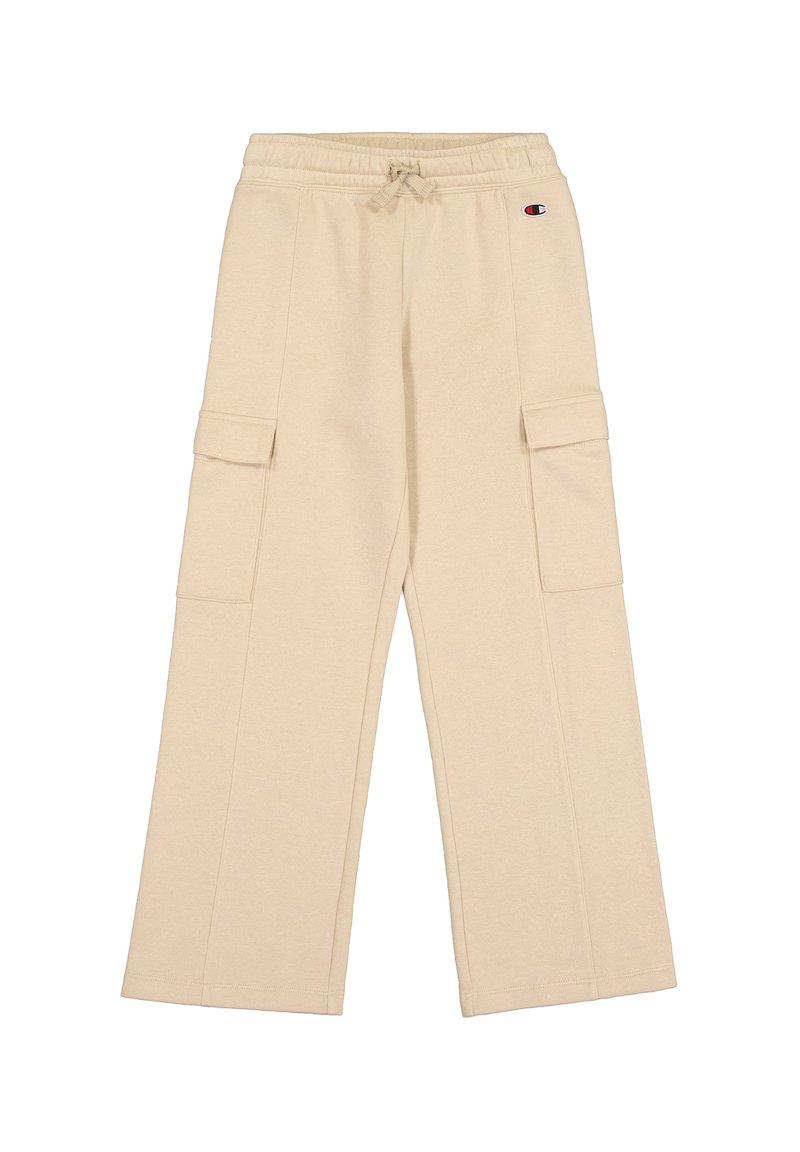 Beige cargo pants made of soft fabric. Featuring a drawstring waistband and two side pockets, designed with a relaxed fit and wide legs.