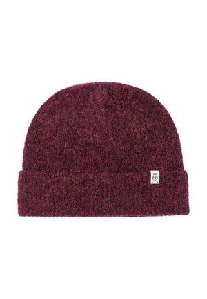 Maroon knit beanie with a folded cuff, made from a textured wool blend, featuring a small branded tag on the side.