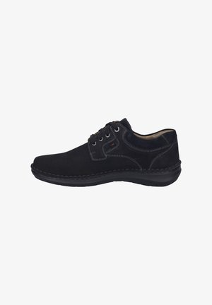 Black suede shoe with a lace-up design, contrasting stitching, rounded toe, and a cushioned sole for comfort.