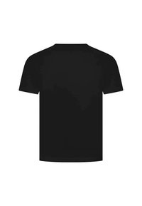 T-shirt noir à manches courtes avec un col rond, design simple et texture lisse, sans logos ni motifs visibles.