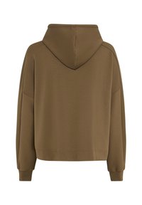Brauner übergroßer Hoodie mit langen Ärmeln, gerippten Bündchen und Kapuze, von hinten auf weißem Hintergrund gezeigt.