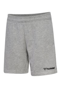 Graue Sportshorts aus weichem Stoff, mit elastischem Bund, genähtem Saum und einem kleinen schwarzen Logo auf der unteren rechten Seite.