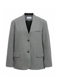 Blazer gris tissé avec un revers cranté, deux boutons et des poches avant. Comprend une poche poitrine unique et une doublure intérieure non doublée.