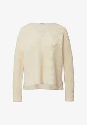 Maglione color crema a scollo a V con vestibilità ampia e texture a coste. Maniche lunghe con polsini larghi e orlo leggermente corto.