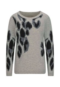 Grauer Pullover mit einem Leopardenmuster in Schwarz und Dunkelgrau. Mit einem runden Ausschnitt und langen Ärmeln. Aus weichem, strukturiertem Stoff gefertigt.