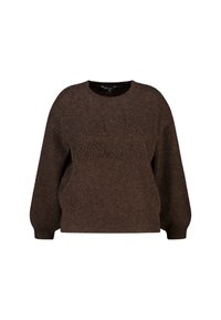 Bruine wollen trui met een ronde hals, ballonmouwen en geperste tekst "MILAN PARIS" op de voorkant. Zachte textuur en een ontspannen pasvorm.