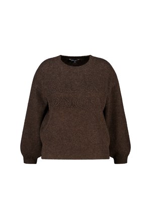 Pull en laine marron avec un col rond, des manches ballon et le texte en relief "MILAN PARIS" sur le devant. Texture douce et coupe décontractée.