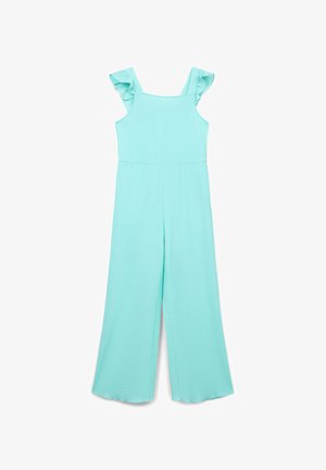 Jumpsuit senza maniche di un blu chiaro, con spalline a volant, tessuto testurizzato e design a gamba larga. Senza chiusure o motivi visibili.