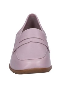 Light pink leather loafers with a smooth finish, featuring a stitched detail across the upper and a brown rubber sole.