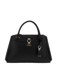 Borsa a mano in pelle nera con design strutturato, dettagli in metallo dorato, logo sul davanti e pendente a frange.