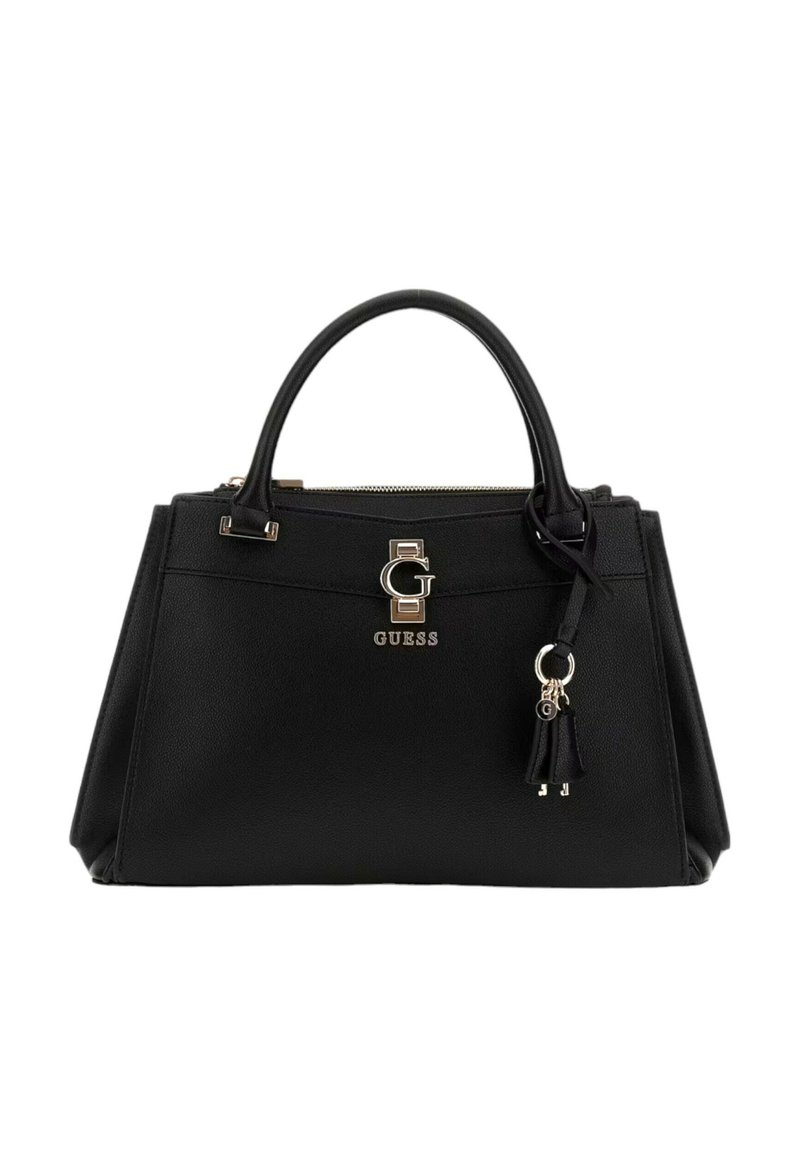 Borsa a mano in pelle nera con design strutturato, dettagli in metallo dorato, logo sul davanti e pendente a frange.