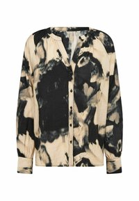 Krémová a černá košile na knoflíky s tie-dye vzorem, dlouhými rukávy a kulatým výstřihem, s jemným nařasením na ramenou.