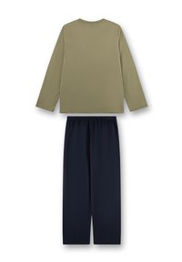 Olijfgroen top met lange mouwen, gecombineerd met marineblauwe broek met elastische taille. Beide gemaakt van zachte, gladde stof met een ontspannen pasvorm.