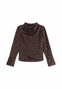Haut à manches longues en tissu marron chocolat avec un motif zèbre noir. Doté d'un col drapé et de manches évasées. Texture lisse.