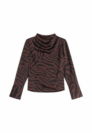 Langemouwen top in een chocoladebruine stof met een zwart zebra-streep patroon. Beschikt over een kraag en uitlopende mouwen. Zachte textuur.