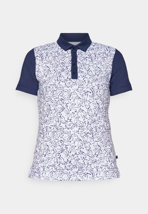 Polo a manica corta di colore bianco con un motivo astratto blu navy, con colletto blu navy e patta con tre bottoni. Realizzato in tessuto traspirante.