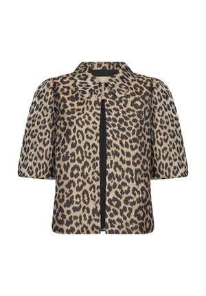 Veste en imprimé léopard avec un col, des manches courtes bouffantes et une fermeture éclair noire, fabriquée dans un tissu lisse et léger.