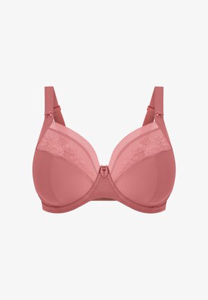 Sujeción color rosa con encaje y detalles de malla, que cuenta con soporte de aro, un lazo en las correas y copas acolchadas para mayor comodidad.