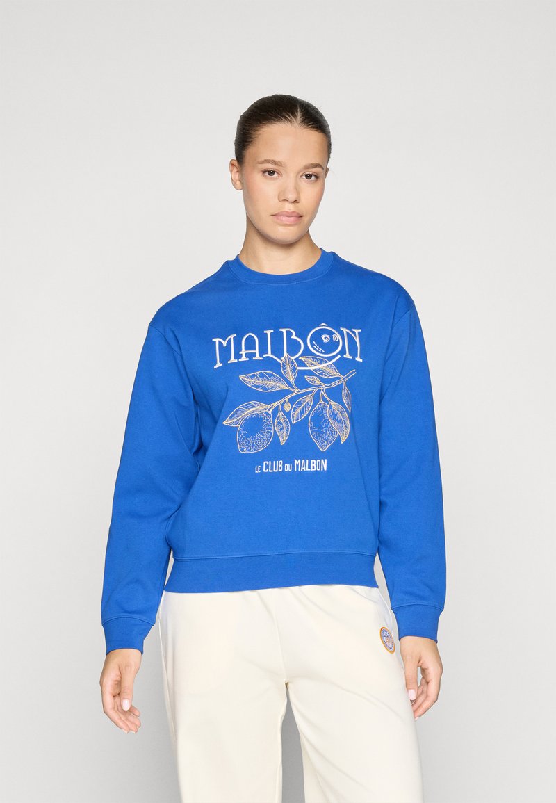Felpa blu con scollo rotondo, caratterizzata da un design grafico di foglie e un limone, con la scritta "MAIBON" in bianco e dettagli dorati.