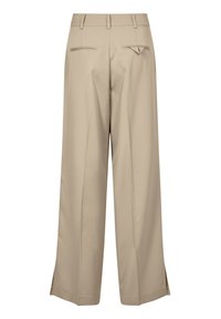 Pantalons larges beiges en tissu lisse. Comprend deux poches arrière avec des coutures horizontales et des fentes à l'ourlet pour le détail.