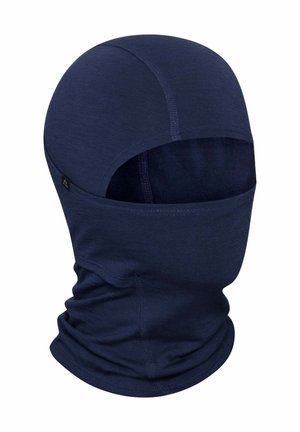 Cagoule bleu marine à visage ouvert couvrant la tête, le cou et le bas du visage, montrant des coutures cousues et une texture de tissu douce.