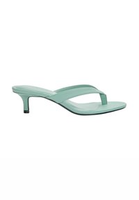 Sandali con tacco verde chiaro realizzati in materiale sintetico liscio, caratterizzati da una sottile cinghia per le dita e due cinghie diagonali sulla parte superiore.
