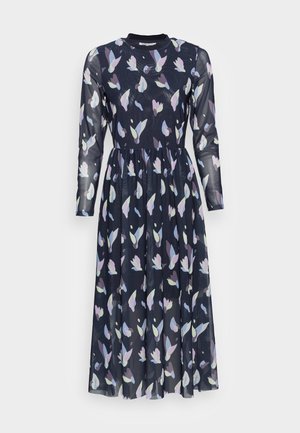 Robe à manches longues en tissu transparent bleu marine avec un motif floral dans des couleurs pastel. Jupe évasée avec un détail de taille froncée.