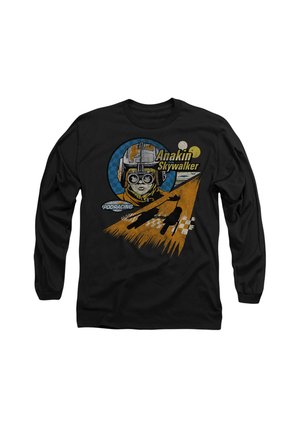 Schwarzes langärmliges T-Shirt mit einem grafischen Design von Anakin Skywalker, der eine Schutzbrille und einen Pilotenhelm trägt, sowie einer Rennszene in Orange und Blau.