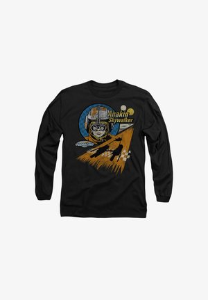 Black long-sleeve t-shirt featuring a graphic design of Anakin Skywalker with goggles, a pilot helmet, and a race scene in orange and blue.