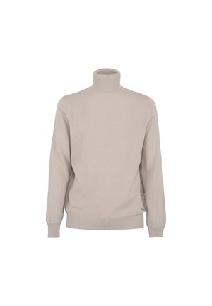 Maglione color beige a collo alto realizzato in morbido materiale a maglia. Presenta polsini e orlo a coste, con una vestibilità attillata e un design minimalista.