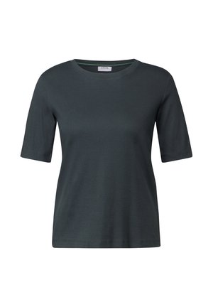 Mørkegrøn kortærmet t-shirt lavet af ribbet stof, med en rund halsudskæring og en afslappet pasform. Ingen synlige mønstre eller detaljer.