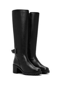 Black knee-high boots made of smooth leather. Features include a side zipper, a thick block heel, and a buckle accent on the ankle strap.