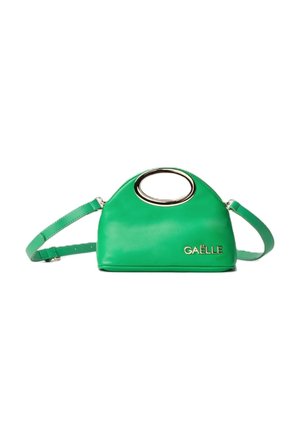Borsa a tracolla in ecopelle verde con design arrotondato, hardware ovale in tonalità dorata e tracolla regolabile; presenta il nome del marchio stampato in oro.