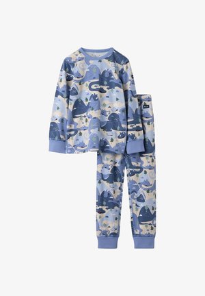 Blue pajama set featuring long-sleeve top and matching pants. Material has a soft, smooth texture with playful mountain and creature patterns.