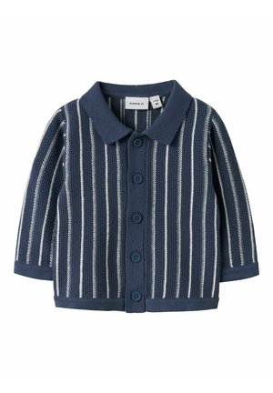 Tumesinise värvi beebikootud kardigan valgete vertikaalsete triipudega, pikad varrukad, ees nupud ja väike krae, suurus 1-2 kuud.