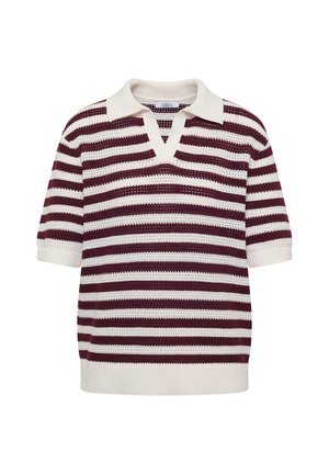 Koszulka polo z krótkim rękawem, dziana, z poziomymi bordowymi i białymi paskami, białym kołnierzykiem oraz ściągaczami u dołu i na mankietach.