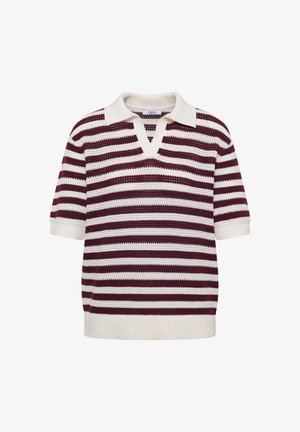 Short-sleeve knit polo shirt with horizontal burgundy and white stripes, white collar, and ribbed hem and cuffs.