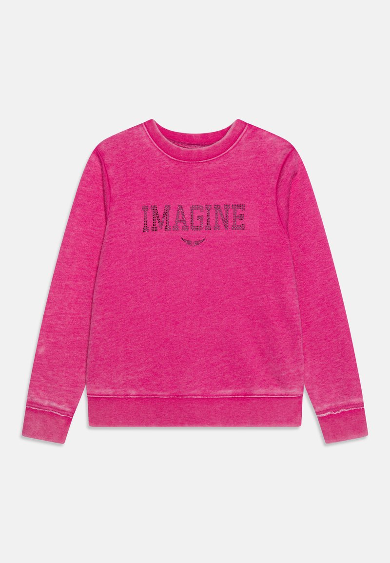 Neón ružový sveter s nápisom "IMAGINE" v čiernej farbe na prednej strane, s jemnou textúrou a dlhými rukávmi. Okrúhly výstrih a ribbované manžety.
