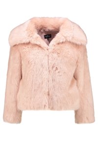 Ljusrosa faux fur-jacka med bred krage och långa ärmar, märkt Topshop, uppställd på vit bakgrund.