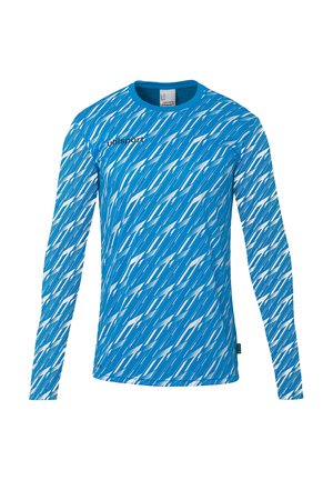 Blauw sportshirt met lange mouwen, witte abstracte diagonale strepen en zwart "uhlsport" logo op de bovenborst.