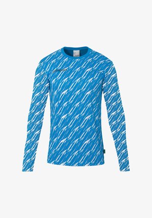 Maillot de sport bleu à manches longues avec des bandes diagonales blanches abstraites et le logo noir "uhlsport" sur la partie supérieure de la poitrine.