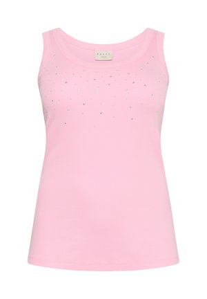 Top sin mangas de color rosa, confeccionado con una tela suave; presenta sutiles detalles brillantes en la parte delantera; ajuste relajado y cuello redondo.