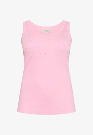 Top sans manches rose en tissu lisse ; présente des détails scintillants subtils sur le devant ; coupe décontractée et encolure ronde.