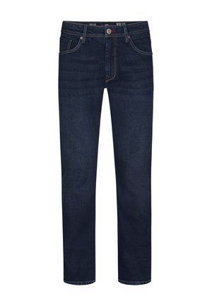 Donkerblauwe jeans van denim, met een klassieke vijf-pocket ontwerp, rechte pasvorm en contrasterende stiksels langs de naden.