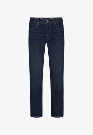 Tummansiniset farkut, jotka on valmistettu denimistä. Niissä on klassinen viiden taskun malli, suora leikkaus ja erottuva tikkaus saumoissa.